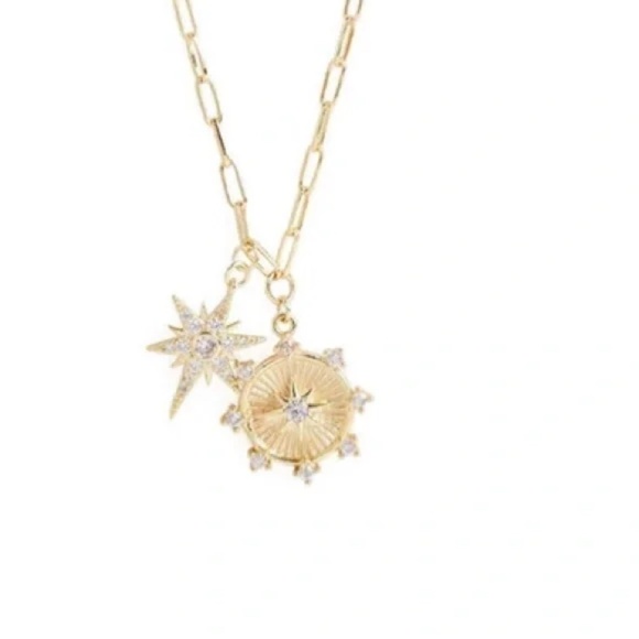 New Jennifer Miller starburst charm necklace 14K gold paper clip chain CZ - Picture 2 of 10